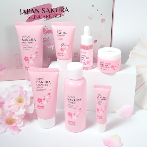 LAIKOU Kit per la Cura Della Pelle Sakura, 7 Pezzi Kit Protezione Solare da Viaggio, Set Detergente Viso con Cleanser Tonico Maschera di fango Essenza Occhi Crema Idratante Toner Protezione Solare