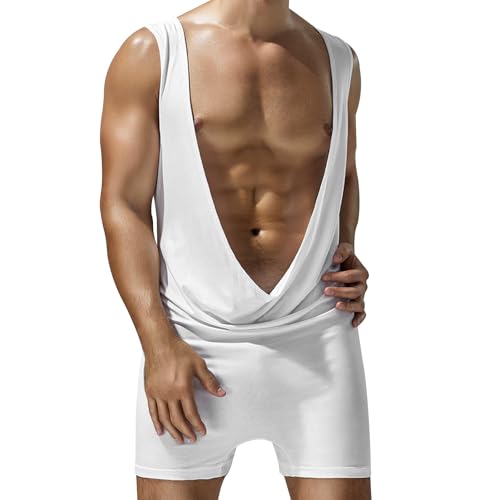 Mens Deep V-neck Leotard Boxers Shapewear Bodysuits