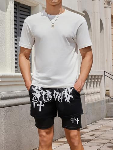 SHENHE Men's Graphic Shorts with Liner Cross Print Drawstring 2 in 1 Goth Gym Track Bottoms4