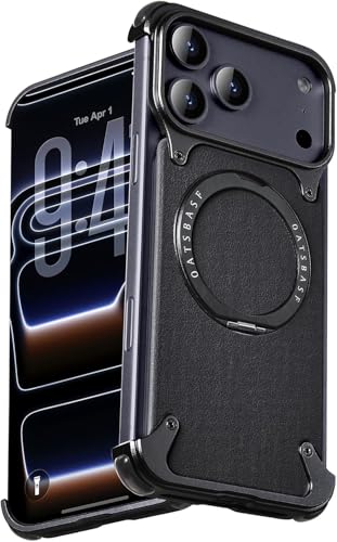 Image of Aluminum Frame Metal Bumper Compatible with iPhone 17 Pro Max | Simple Shield Air Cushion Shockproof | Edge Protection, Minimalist Slim - Black (Frame-Leather -Black, iPhone 17 Pro)