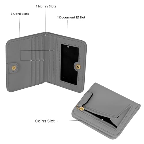 Image of Storite Women RFID Blocking Wallet - 8 Slot | PU Leather Card Holder | Slim Mini Purse with 6 Card Slots, ID Window, Cash Pocket | Button Closure | Compact & Lightweight (Grey - 10.4 x 9 x 2 cm)
