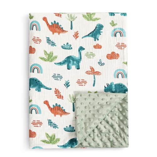 Image of david's kids Muslin Minky Baby Blanket for Boys Girls with Muslin Cotton Front and Dotted Fleece Backing, Breathable and Soft Lightweight Receiving Blanket for Newborns, 30x40 Inches, Dinosaur