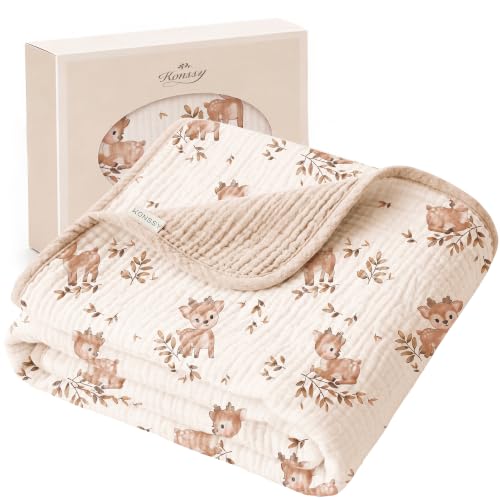 Konssy 100% Cotton Muslin Baby Blanket for Girls Boys, 40"x36" | Soft & Lightweight, 4-Layer Muslin, for Receiving, Swaddling, Crib, Stroller & Nursery, Newborn to Toddler (Deer)