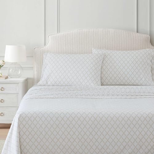 Image of Martha Stewart - Full Size Sheet Set, Crisp & Tailored Sheets with a Smooth Cotton Percale Feel - Striped Bed Sheets with Matching Pillowcases & Fitted Sheet (Leaf Trellis Beige)