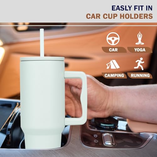 Image of MYOZ 1200ML Stainless Steel Water Mug with Handle, Lid, 2 Straws Leak-Proof Cupholder Tumbler for Gym, Travelling- Spill-Proof 40 oz Bottle (Lime Pistachio)