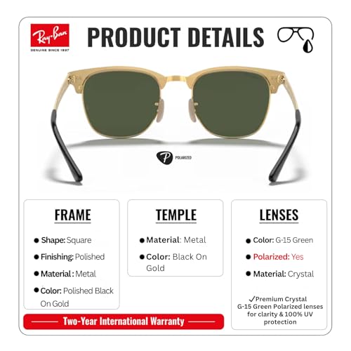 Image of Ray-Ban RB3716 CLUBMASTER METAL Square Shaped Sunglasses for Men & Women with Official RAYBAN Eyewear Kit