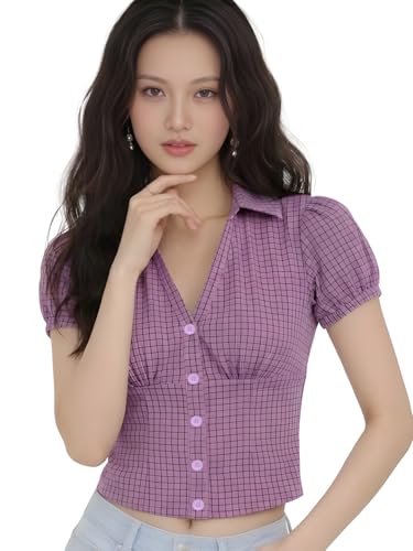 Image of Women V-Neck Puff Sleeve Crop Top with Back Tie-Up Detail