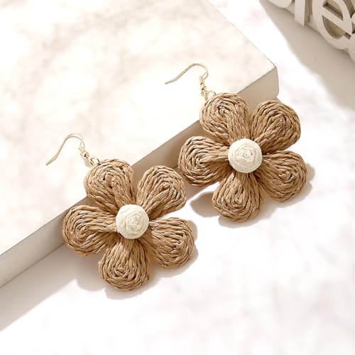Image of Handmade Raffia Hoop Earrings Statement Tropical Bohemian Straw Dangle Earrings Natural Rattan Vacation Style Round Earrings for Women Summer Beach Party Essential Jewelry