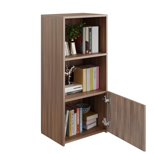 Image of FURNEASER Vivid Wooden Bookshelf Cabinet with Door & Open Shelves | Modern Bookcase Storage Organizer for Living Room, Bedroom & Office | Engineered Wood - DIY (Exotic Teak)