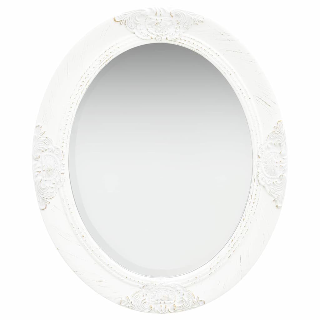 Barocker Wandspiegel Weiß 50x60 cm Oval mit Holzrahmen Glas Antiklook, mit Befestigungshaken fürs Schlafzimmer Bad Flur Diele für Make-up Rasur