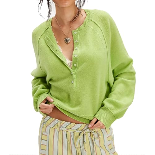 Womens Henley Knit Tops Y2k Going Out Sweaters Streetwear Cute Long Sleeve Button Front Pullover Knitwear