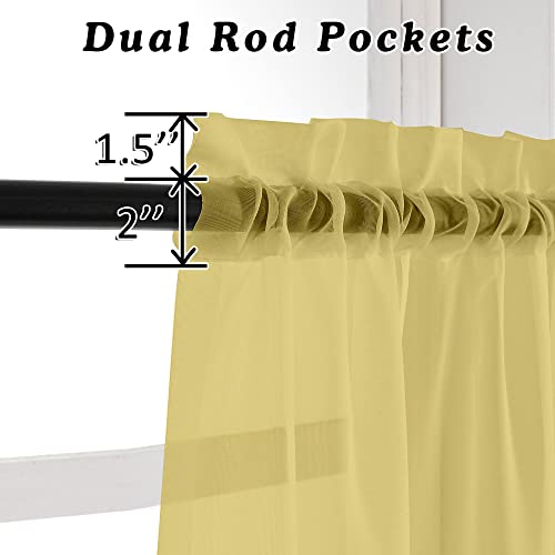Image of OVZME Mustard Yellow Half Window Sheer Curtains, Modern Top Dual Rod Pocket Light Filtering Voile Drapes for Small Window Cafe Sheer Curtains 2 Panels, 42W x 14L Inch