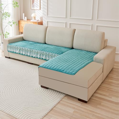 Image of HOKIPO Bellelace Velvet Sofa Cover L Shape 5 Seater Mat, 3+2, Teal