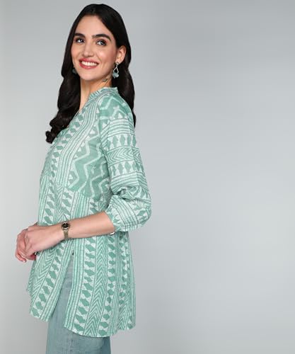 Image of Stylistico Geometric Print Summer Cotton Tunic Western Everyday Regular Fit Full Sleeve v Neck Office Peplum Printed Long Tops for Women Latest