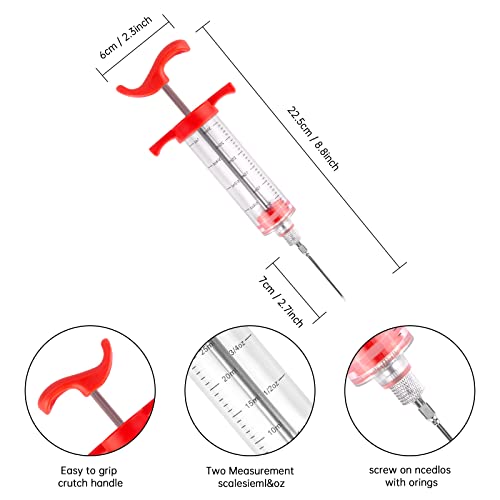 Foto von XCDMJ Fleischspritze 30ml Marinierspritze Set Inkl 2 Nadeln, 4 Reinigungsbürste - Bratenspritze Mit 304 Edelstahl Nadeln Fleischkrallen Gewürzspritze Für BBQ Grill Fleisch Rind