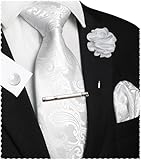 JEMYGINS Paisley Stickerei Design Krawatte Set Herren Einstecktuch Krawattenklammer Manschettenknöpfe Ansteckblume für Hochzeit Party Business Mehrfarbig Weiß
