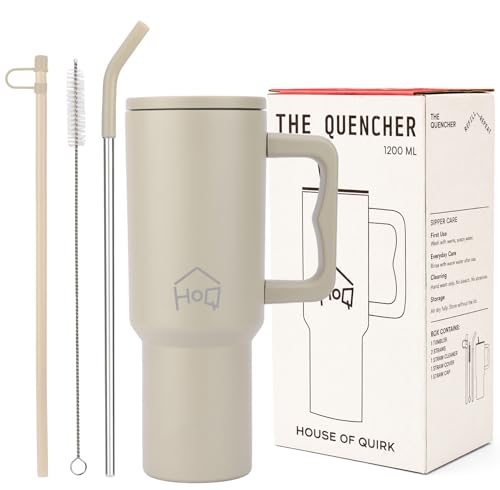 House of Quirk 1200ML Stainless Steel Tumbler with Handle & Lid, 2 Straws – Large Travel Mug Water Cup for Gym, Office & Outdoor Use (Stone Silk) Hous