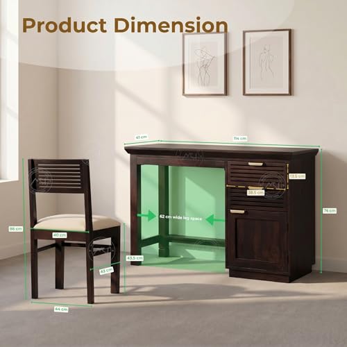Image of NSH Solid Sheesham Wood Study Table with Chair | Wooden Writing Desk with Drawer & Door Storage | Pre-Assembled Computer Desk Workstation for Home Office & Study Room | Walnut Finish