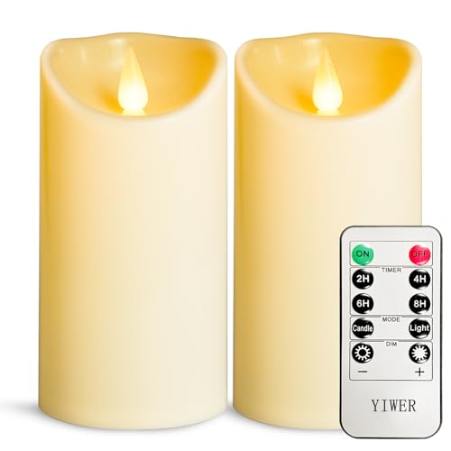 YIWER Flameless Plastic LED Candles,Pack of 2 Battery Operated Flickering Candle with Remote Control and Timer Electric Fake Light D3 H6 Ivory Pillar