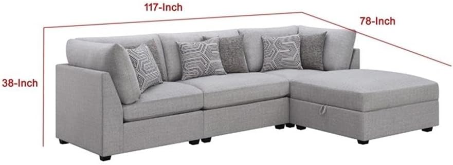 Pemberly Row 4 Pc Modular Sectional Sofa Set with Ottoman Storage and 6 Pillows, Soft Gray Fabric, Foam Cushioning, Modern Contemporary Design, Customizable Living Room Seating, 78L x 117W x 38H