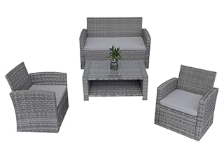 4 Seater Rattan Garden Furniture Set – 2 Chairs, Loveseat Sofa, Coffee Table – Grey Outdoor Patio Set with Cushions, Tempered Glass Table – Steel Frame Lounge Seating