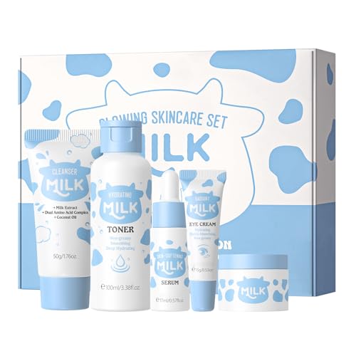 Milk Skincare Set for Kids Beauty Gift Sets for Teenage Girls Milk Skin Care Sets & Kits Glowing Facial Kits for Women with Cleanser Toner Serum Cream Eye Cream Deep Hydrating Smoothing(5PCS) (StyleA)