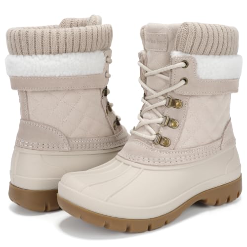 Snow Boots Women Winter Duck Waterproof Mid-Calf Warm Booties Beige Size 8