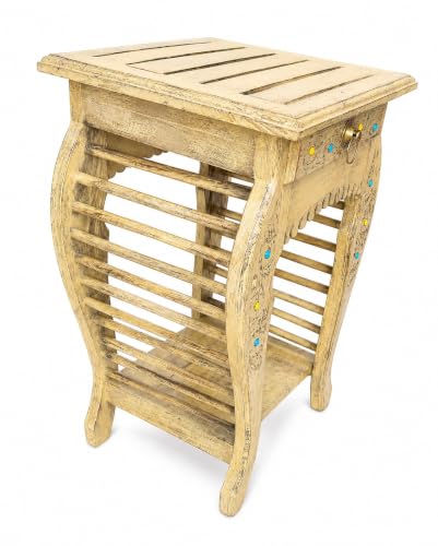 Image of Multipurpose Table Outdoor Indoor Stool Flower Vase Stool with One Drawer Material Mango Wood Size 30.5CM x 30.5CM x 53.3CM (Lite Yellow Antique)