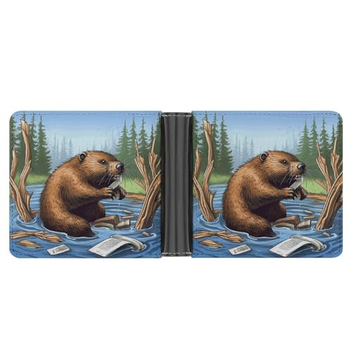 Men's Leather Wallet Bifold Wallet for Men Busy Beaver Cartoon Slim Wallet with Multiple Card Classic Passcase Mens Card Holder