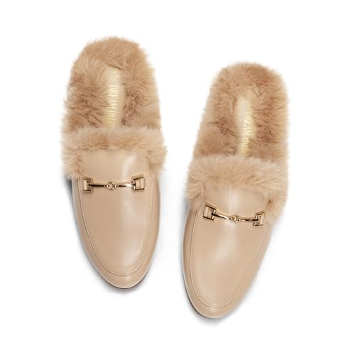 DREAM PAIRS Mules for Women Flats Comfortable Buckle Mules Slip on Slides Backless Loafers Shoes,Size 6,Nude-Fur,SDML2401W