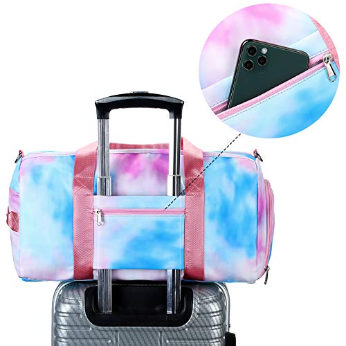Duffle Bag for Grils Sport Gym Bag Weekender Carry On Workout Duffel Overnight Shoulder Bag with Shoe Compartment (Blue Pink)