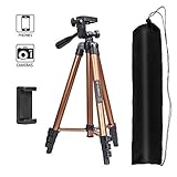 Treppiede da Viaggio - Treppiede in Alluminio Professionale Leggero e Portatile 130 cm per Fotocamera e Smartphone, con Supporto per Telefono e Telecomando Bluetooth (Oro)