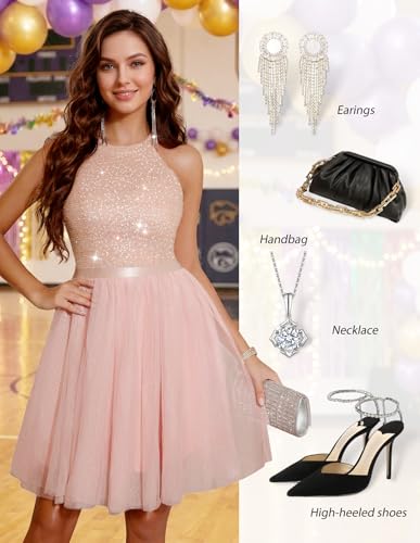 Image of Dressystar Women's Sequin Short Prom Dress Sparkly Halter Tulle Cocktail Party Homecoming Dresses