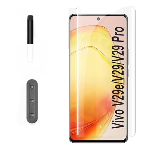 Image of {PACK OF 1 UV Curved Tempered Glass for Vivo V29 / V29 Pro UV Curved Full Screen Coverage (except edges) Screen Protector Guard Easy Installation Kit