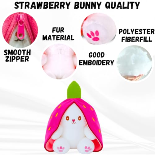 Image of Reversible Bunny Rabbit Soft Toy - 30cm with Strawberry Cover | Stuffed Animal Plushie Doll for Kids Baby Girls Boys for Birthday, Valentine, Return Gift | Pink&White Toy with Chain