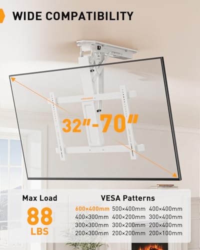 Image of Perlegear Electric Ceiling TV Mount with Remote for 32-70 inch Flat and Curved Screen TVs up to 88 lbs, Max VESA 600x400, Motorized TV Ceiling Mount Flip Down for Flat Roof, Drop Down Ceiling Mount