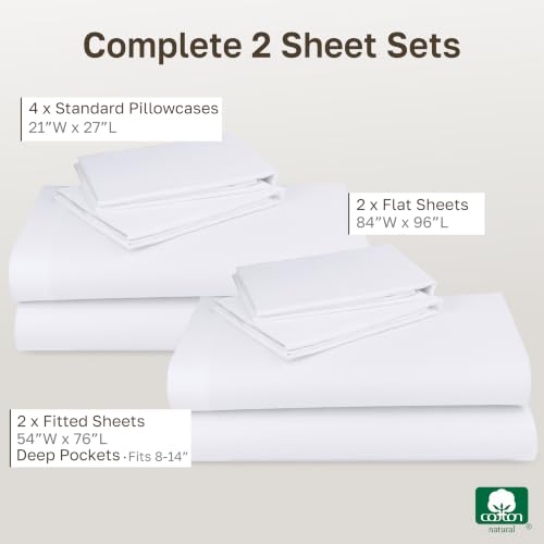 Image of California Design Den 100% Cotton Pack of 2 Full Sheet Set - Soft & Durable Sateen, Deep Pocket Full Size Bed Sheets (White)
