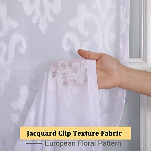 Owenie Sheer Kitchen Curtains, European Floral Design Tier Window Curtains, Soft Faux Silk Jacquard Cafe Curtains Rod Pocket Small Half Window Treatment Set Short Curtains, 30" X 36", White, Set Of 2 #TOP1