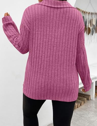 Image of Koscacy Women Plus Size Casual Knit Sweater Lapel V Neck Solid Color Tops Lightweight Long Sleeve Blouses