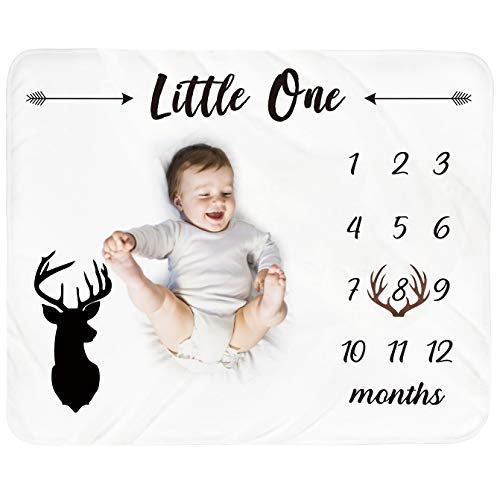 Image of Tebaby Baby Monthly Milestone Blanket Boy - Newborn Month Blanket Unisex Neutral Personalized Shower Gift Deer Antlers Nursery Decor Photography Background Prop with Frame Large 51''x40''