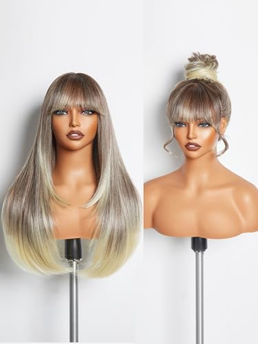 GORGIUS Ombre Blonde Straight Wig with Bangs Multi-Colored Layered Wig Glueless Synthetic Bang Wig with Realistic True Scalp Upgraded with Premium Fiber