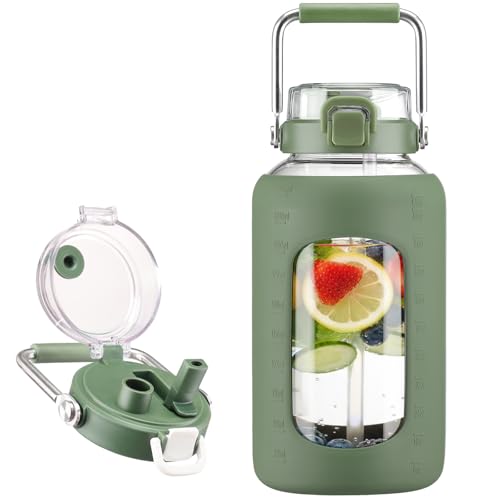 BLUEGO Garrafas de água de vidro de 2,5 l com alça de aço inoxidá...