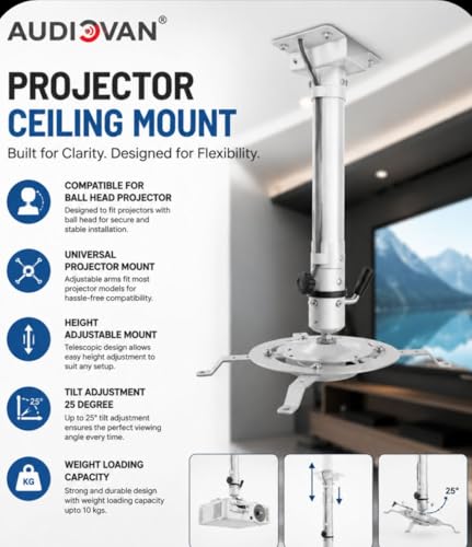 Image of Audiovan Round Shape Universal Projector Ceiling Mount with Single Bolt Ball Head Tilt Adjustment Projector Ceiling Mount Bracket Extendable 2 feet