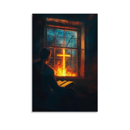 ZBBZJYHH Ein Mann erwacht aus einem Traum des Feuers, um eine Bibel in seinem Schoß zu finden und ein leuchtendes Kreuz vor seinem Fenster zu finden. Modernes, künstlerisches Wandbild, Wandbild