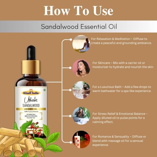 Image of Khadi Sandalwood Essential Oil 15ml | Pure Chandan Oil with Dropper for Skin Care, Hair Care, Bathing, Fragrance | For Stress Relief & Relaxation, Aromatherapy, Diffuser, Soap & Candle Making