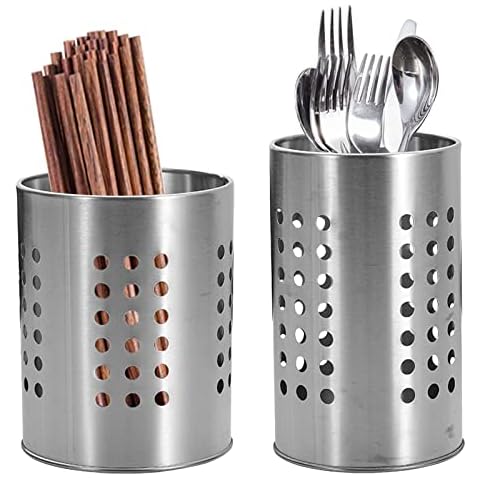 ACHANFLY 2 Pcs Utensil Holder Kitchen Utensil Organizer Cutlery Drainer Stainless Steel Cooking Utensil Caddy Metal Cutlery Holder Tableware Storage for Spatulas Spoons and Tongs (10*16.5cm/12*15cm) Cover
