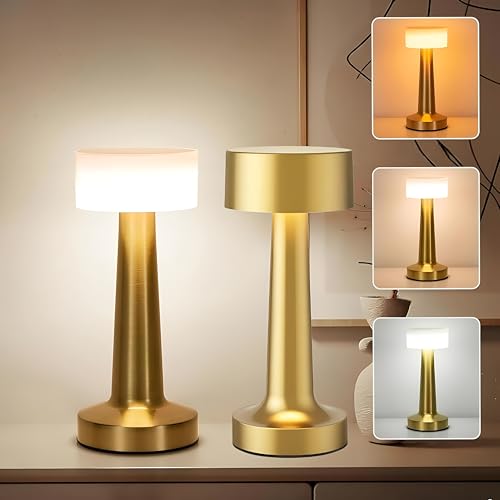 Image of Table Lamp /Table Lamp Study Room /Lamp Table /Led /Wireless Led Touch 3 Mode Metal /Bed Lamps Bedroom Side /Rechargeable Metal Touch /Warm Lighting (White - Gold Lamp 2PC)