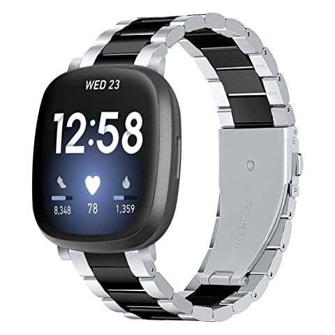 Limque Stainless Steel Band Compatible with Fitbit Versa 4 / Fitbit Sense 2 / Fitbit Versa 3 / Fitbit Sense, Adjustable Metal Watch Bands Bracelets， Wristband Replacement for Women Men (Black Silver) Cover