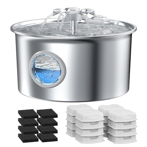 Stainless Steel Pet Water Fountain 80oz with 8 Filters & Sponges
