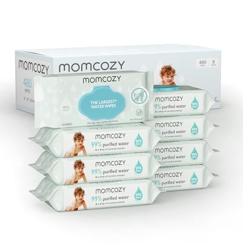 Image of Baby Wipes, Momcozy Water Wipes-Extra Large Size Design, 99% Water Based Wipes, Unscented & Hypoallergenic, Cleansing & Moisturizing Baby Wipes for Sensitive Skin, 8 Flip-Top Packs (480 Wipes Total)